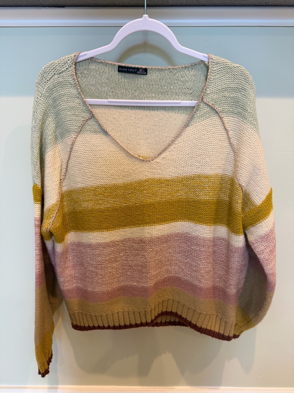 Black Tape_ Striped V-Neck Sweater in Sage, Mustard & Rose